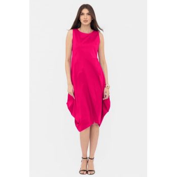 Rochie din poplin de bumbac petrecuta, cu colturi laterale, fucsia