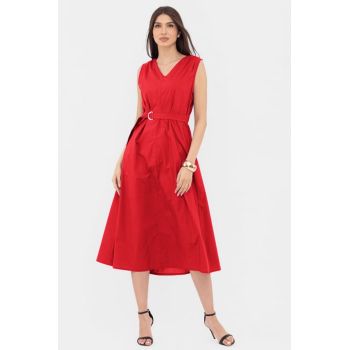 Rochie din poplin satinat de bumbac cu cordon in talie, rosie