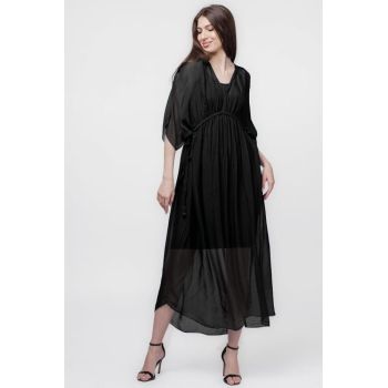 Rochie   Goddess   din matase naturala cu snur impletit pe decolteu si talie, neagra