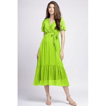 Rochie lunga din matase naturala cu bust petrecut, verde kiwi