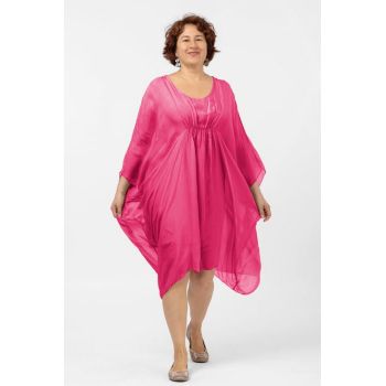 Rochie midi fucsia, ampla, din matase naturala, cu detaliu sub bust, in colturi