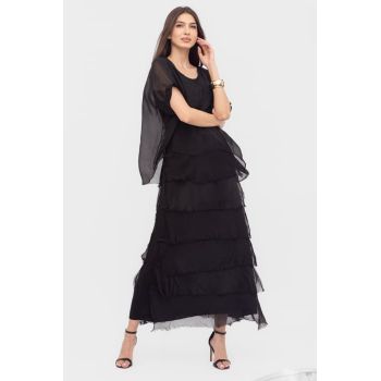 Rochie neagra din matase naturala cu volane franjurate suprapuse