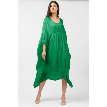 Rochie verde in colturi, lunga, ampla, din matase naturala, cu detaliu sub bust