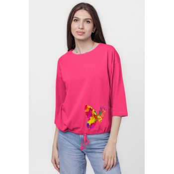 Tricou uni cu maneca 3 4 din tricot de bumbac cu snur la baza, fucsia cu imprimeu fluturi