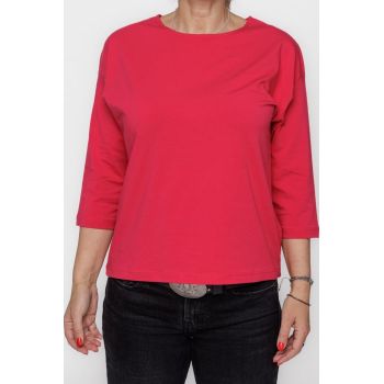 Tricou uni cu maneca 3 4 din tricot de bumbac, fucsia intens