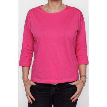 Tricou uni cu maneca 3 4 din tricot de bumbac, fucsia