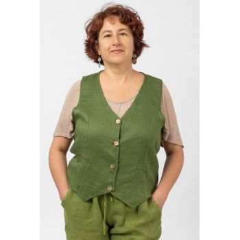 Vesta trendy din in cu colturi si nasturi de lemn, verde olive