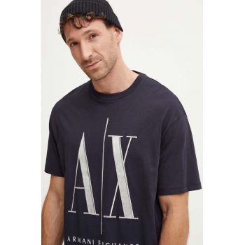 Armani Exchange tricou din bumbac barbati, culoarea albastru marin, cu imprimeu, 8NZTPQ ZJH4Z