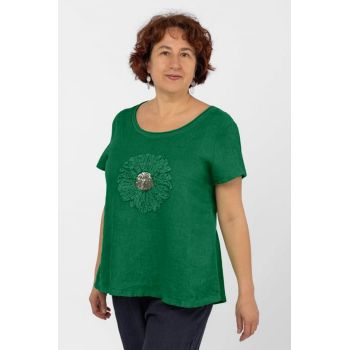 Bluza din in verde, cu floare si paiete fine pe piept