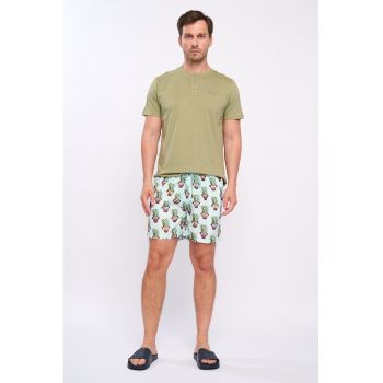 Pantaloni scurti de baie cu model tropical si talie ajustabila