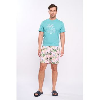 Pantaloni scurti de baie cu model tropical si talie ajustabila