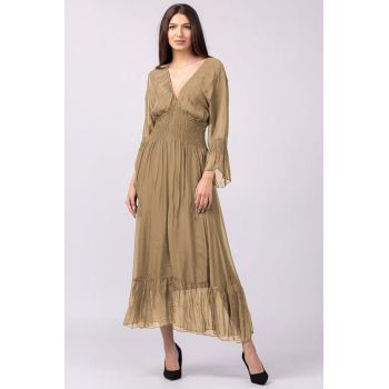 Rochie camel din matase naturala cu banda elastica in talie si volane