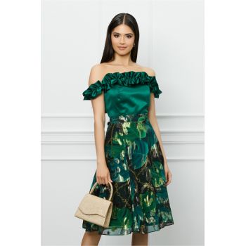 Rochie DY Fashion verde cu imprimeuri florale pe fusta si volane la bust