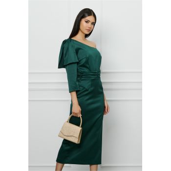 Rochie DY Fashion verde din tafta cu funda pe umar