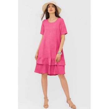 Rochie fucsia A line midi, cu doua volane poale, din in mercerizat