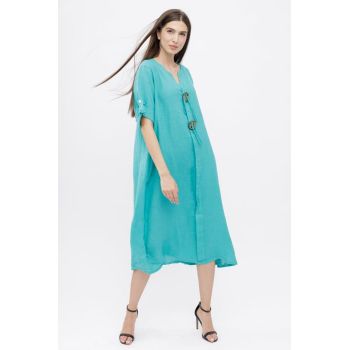 Rochie oversize din in, cu nasturi pe piept, turcoaz