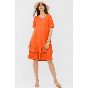 Rochie portocalie A line midi, cu doua volane poale, din in mercerizat