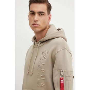 Alpha Industries bluza barbati, culoarea bej, cu glugă, cu imprimeu, 138333