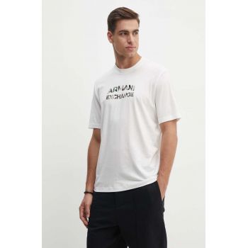 Armani Exchange tricou din bumbac barbati, culoarea bej, cu imprimeu, 6DZTHC ZJBYZ