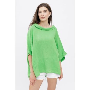 Bluza din in cu buzunar si boboc aplicat, oversize, verde deschis