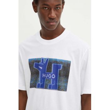 Hugo Blue tricou din bumbac barbati, culoarea alb, cu imprimeu, 50519131