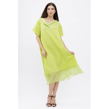 Rochie verde praz usor asimetrica A-line, din in cu guler si volan din matase, oversize