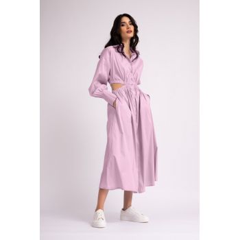 Rochie cămașă midi roz pastel cu decupaj în talie