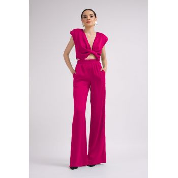 Set Fuchsia cu Top cu Nod si Pantaloni Wide Leg