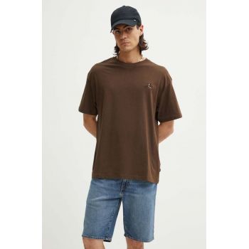 Solid tricou din bumbac barbati, culoarea maro, cu imprimeu