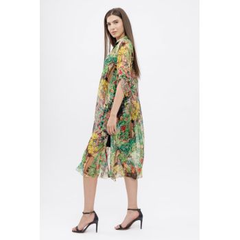 Rochie camasa A-line din matase naturala cu dublura , imprimeu pictural cu nuante verde