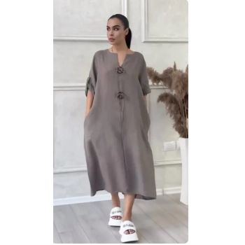 Rochie oversize din in, cu nasturi pe piept, bej inchis