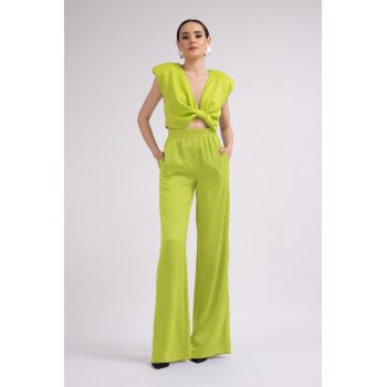 Set Verde Neon cu Top cu Nod si Pantaloni Wide Leg