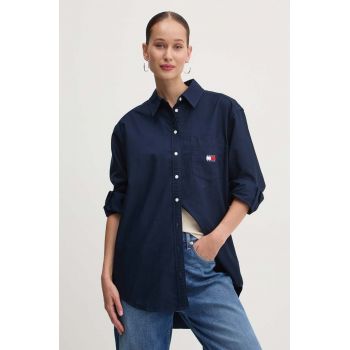 Tommy Jeans camasa din bumbac femei, culoarea albastru marin, cu guler clasic, relaxed