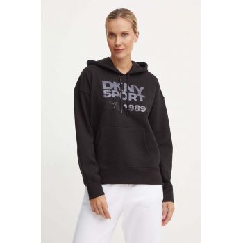 Dkny bluza femei, culoarea negru, cu glugă, cu imprimeu, DP4T9971