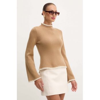 Luisa Spagnoli pulover de lana MONET femei, culoarea bej, light, cu turtleneck, 58404