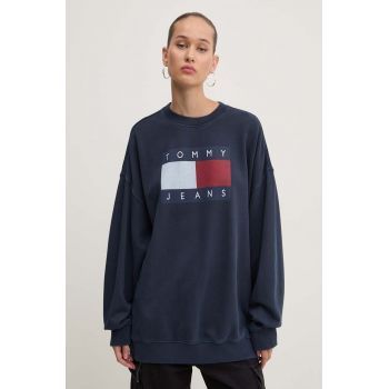 Tommy Jeans hanorac de bumbac femei, culoarea albastru marin, cu imprimeu, DW0DW18623