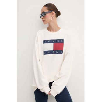 Tommy Jeans hanorac de bumbac femei, culoarea bej, cu imprimeu, DW0DW18623