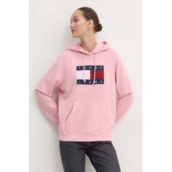 Tommy Jeans hanorac de bumbac femei, culoarea roz, cu glugă, cu imprimeu, DW0DW18654