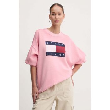 Tommy Jeans hanorac de bumbac femei, culoarea roz, cu imprimeu, DW0DW18623