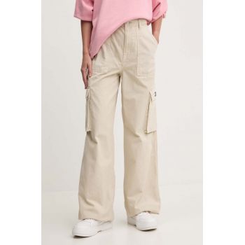 Tommy Jeans pantaloni de bumbac culoarea bej, lat, high waist, DW0DW18507