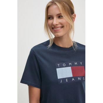 Tommy Jeans tricou din bumbac femei, culoarea albastru marin, DW0DW18629