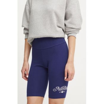 adidas Originals pantaloni scurti femei, culoarea albastru marin, cu imprimeu, high waist, IX3548