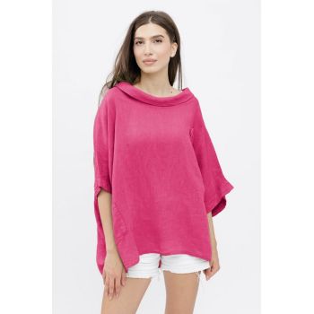 Bluza din in cu buzunar si boboc aplicat, oversize, fucsia