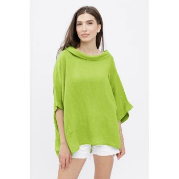 Bluza din in cu buzunar si boboc aplicat, oversize, verde praz