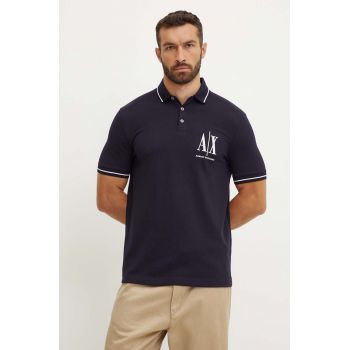 Armani Exchange tricou polo barbati, culoarea albastru marin, cu imprimeu