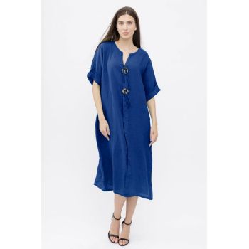 Rochie oversize din in, cu nasturi pe piept, albastru electric