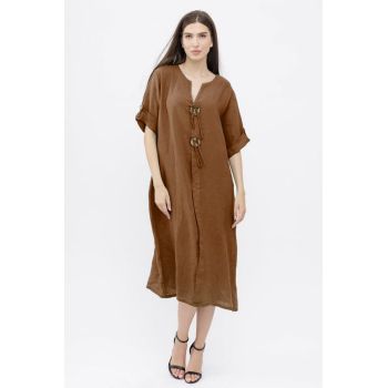 Rochie oversize din in, cu nasturi pe piept, maro