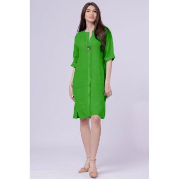 Rochie tunica din in verde deschis, cu nasture metalic decorativ