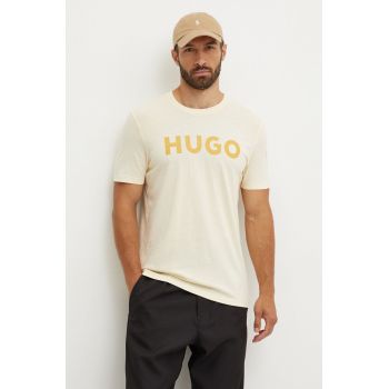 HUGO tricou din bumbac barbati, culoarea galben, cu imprimeu, 50467556