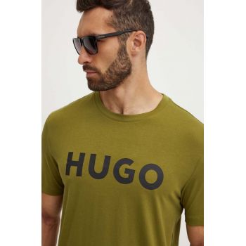 HUGO tricou din bumbac bărbați, culoarea verde, cu imprimeu, 50467556